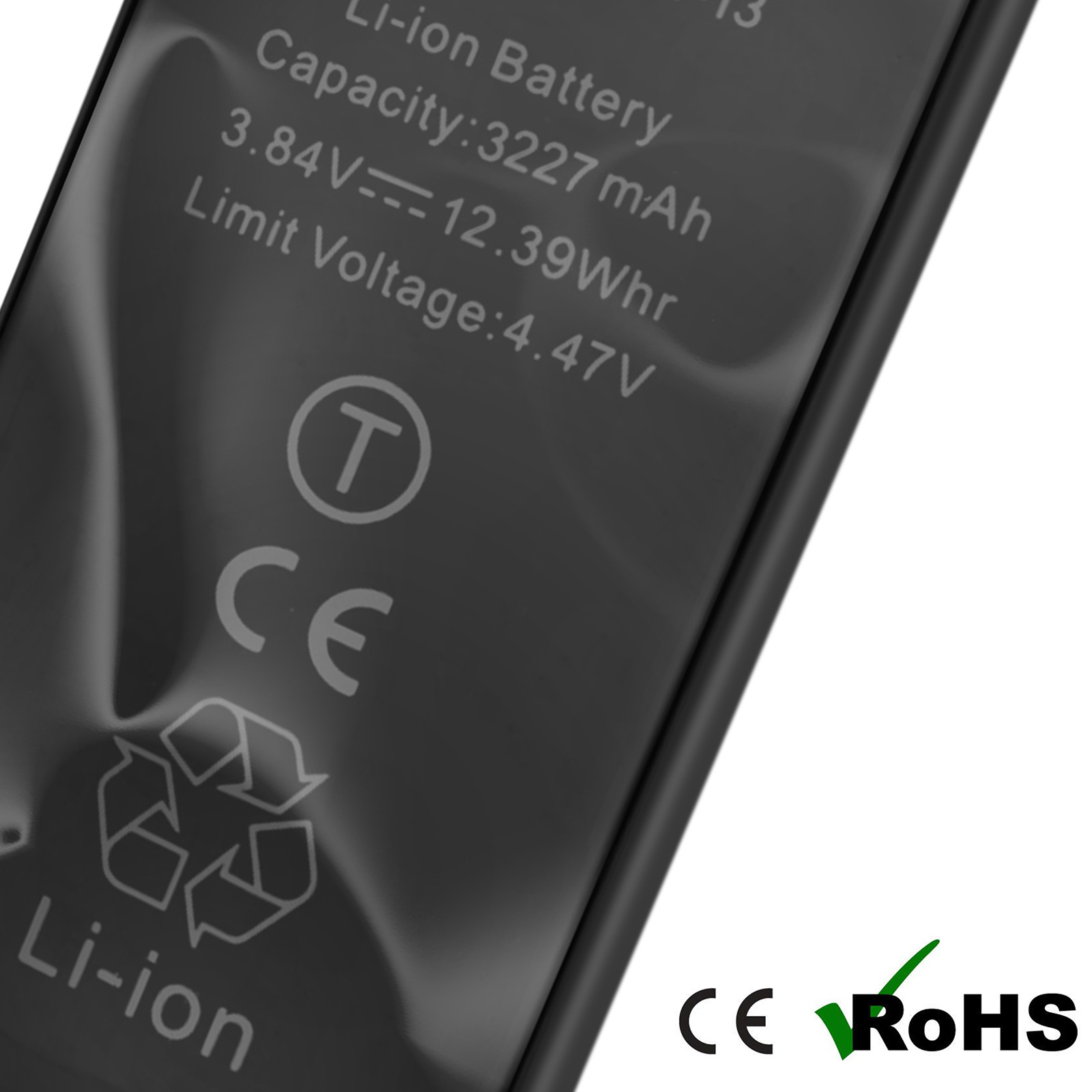 Una batteria agli ioni di litio nera con specifiche e certificazioni CE/RoHS.
