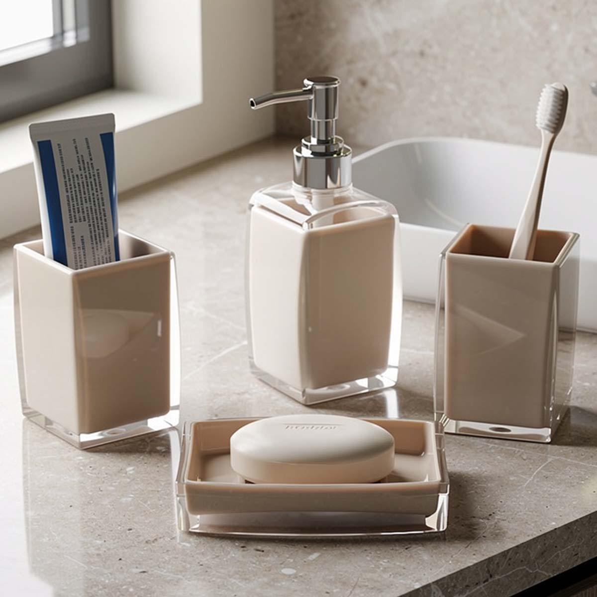 Ein beige Seifenspender, Zahnbürstenhalter, Seifenschale mit Seife und Zahnpastatube.