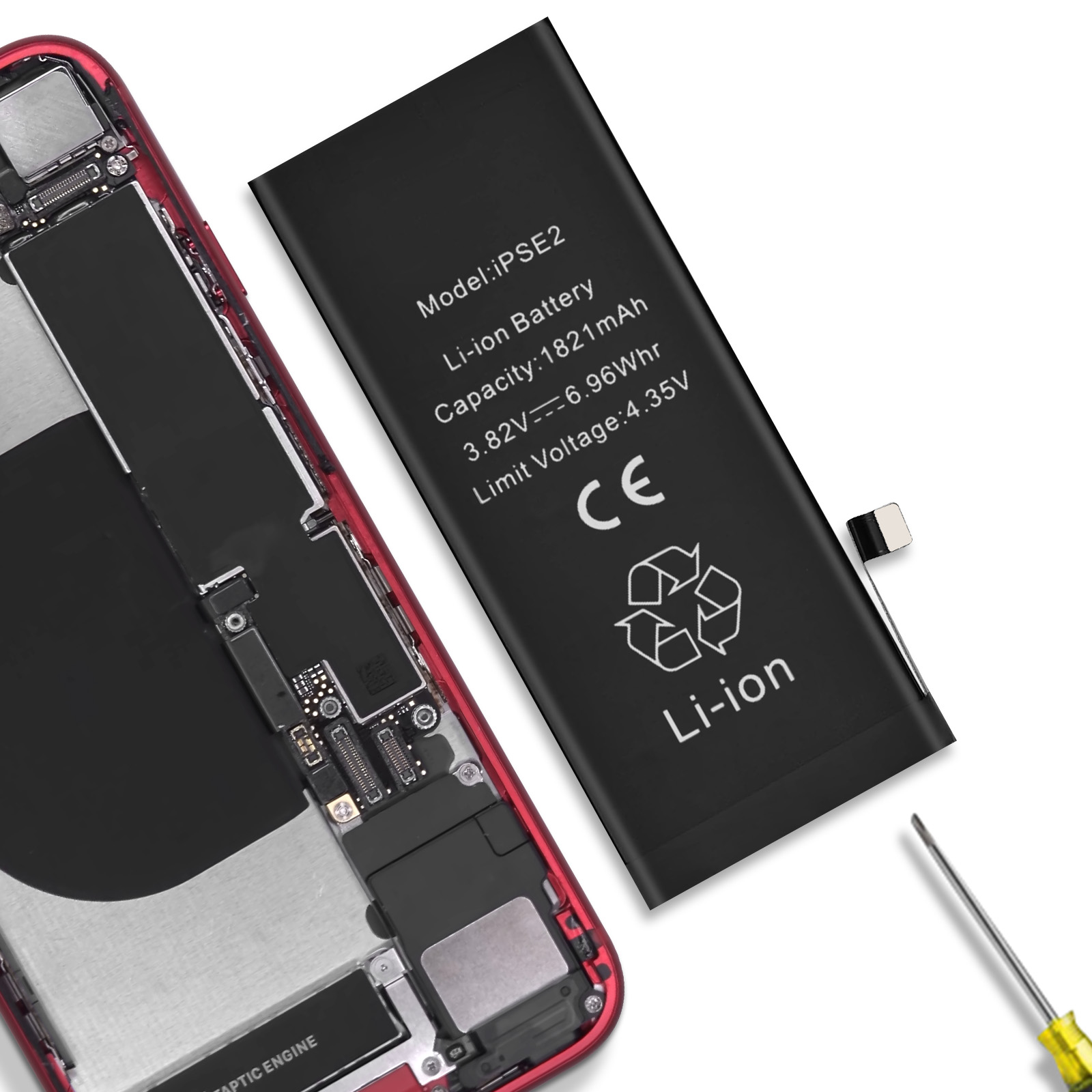 Uno smartphone rosso con elettronica esposta accanto a una batteria nera agli ioni di litio.