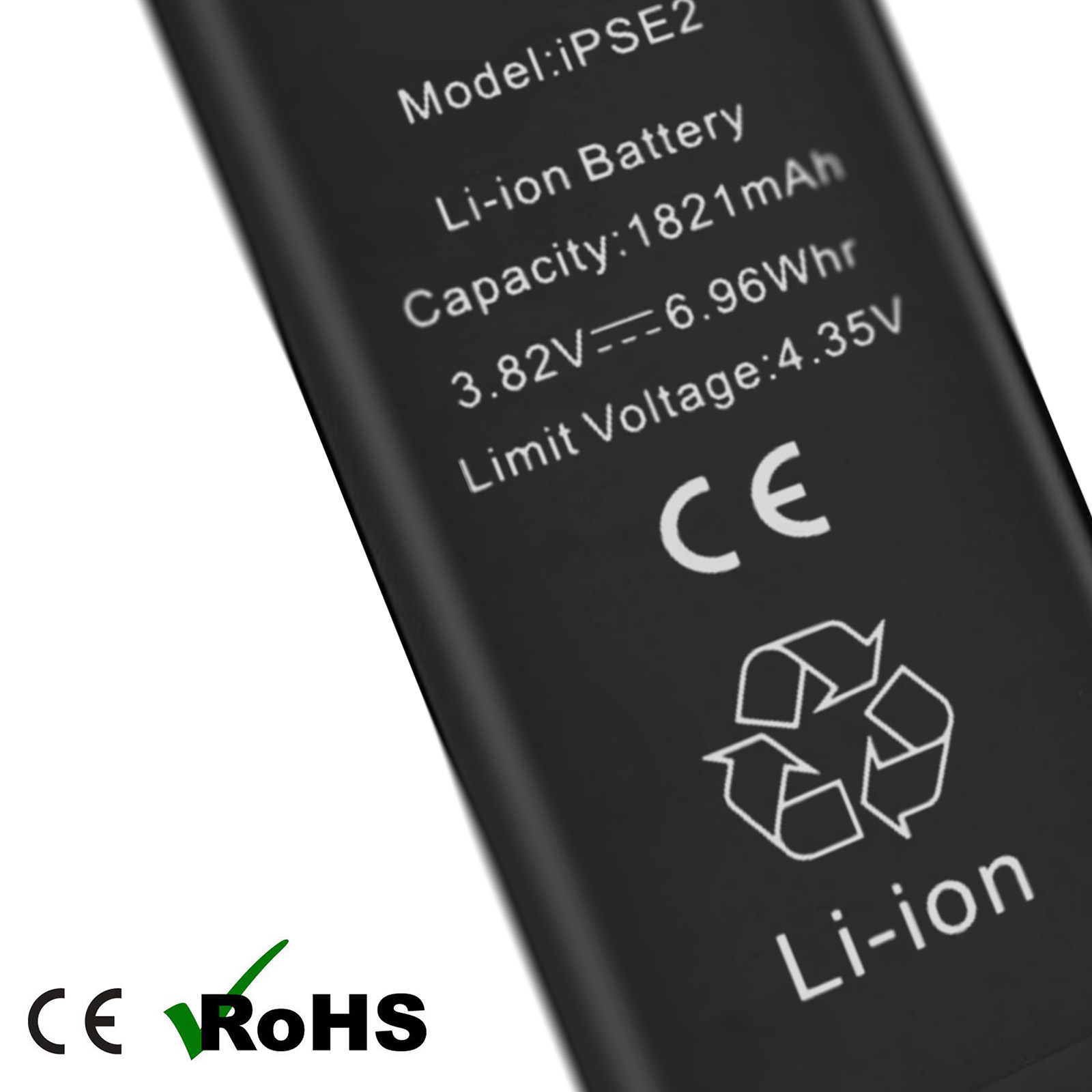 Batteria nera modello iPSE2, Li-ion, 1821mAh, 3.82V, 6.96Whr, limite 4.35V.