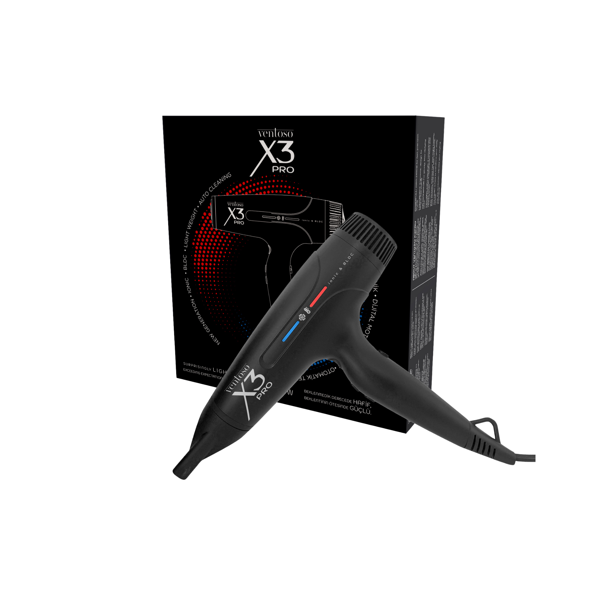 Ventoso X3 PRO siyah saç kurutma makinesi ve ambalajı.