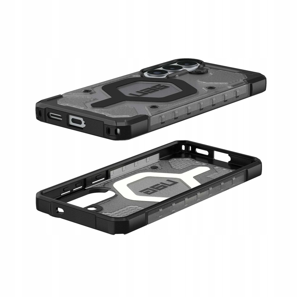 Mostrate due custodie per telefono grigio scuro. Una sopra, una sotto. Entrambe con logo UAG.