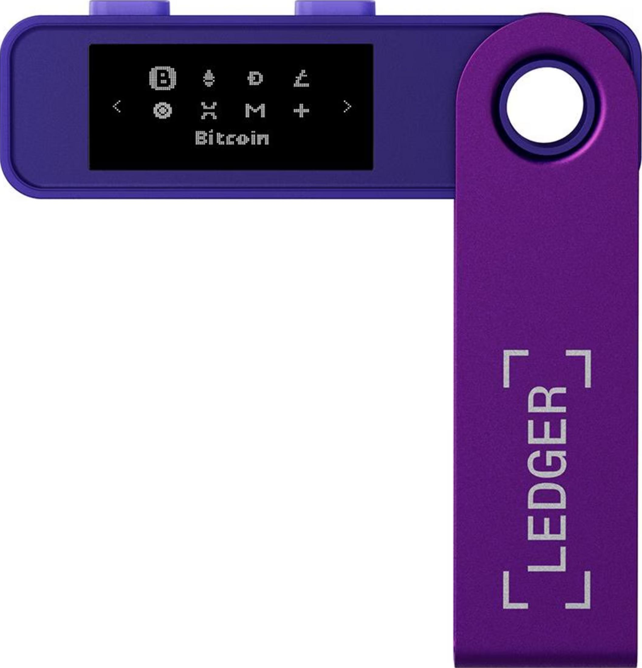 Un portafoglio hardware Ledger viola su sfondo bianco, con schermo.