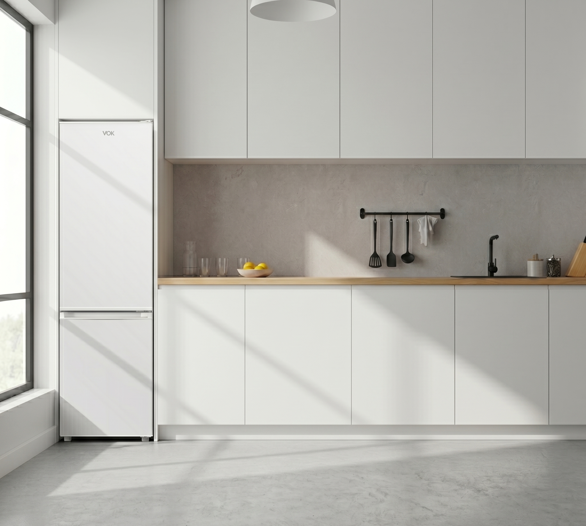 Cocina blanca moderna con refrigerador, fregadero y utensilios.