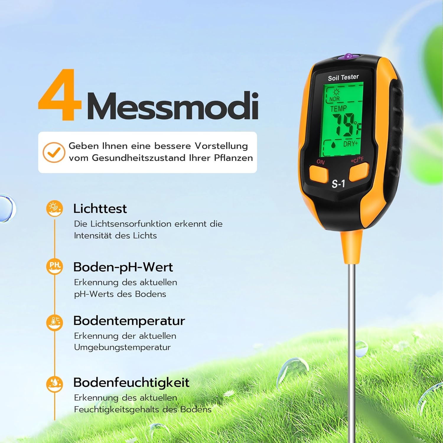 Ein Bodentester mit Display zeigt 79°F an. Links sind 4 Messmodi aufgelistet.