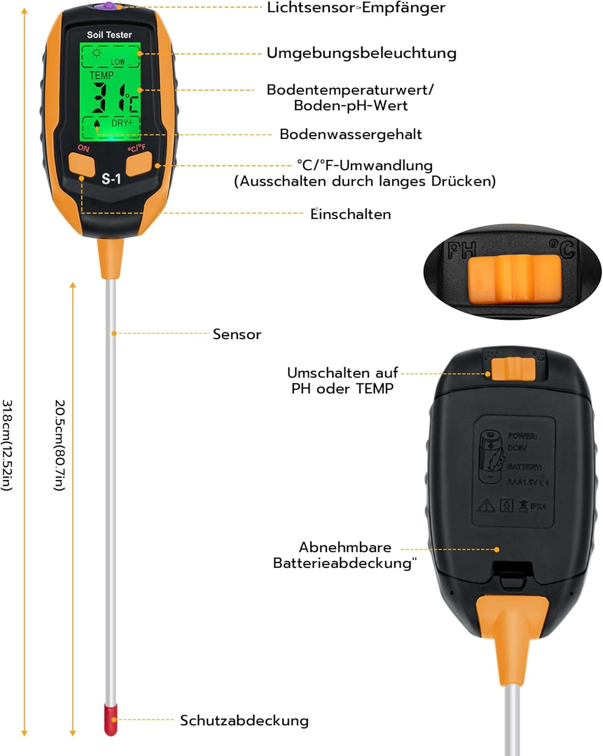 Digitaler Bodentester mit LCD-Anzeige, Sensor und Batterieabdeckung.
