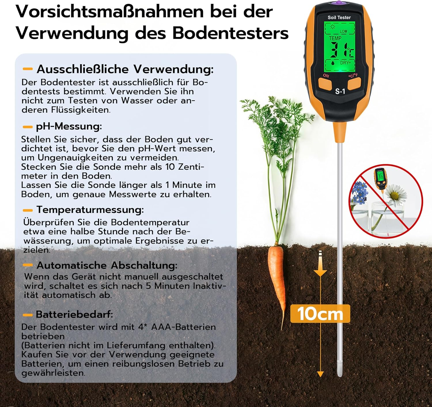 Ein Bodentester mit einem orangefarbenen Gehäuse und LCD-Display ist in der Erde.