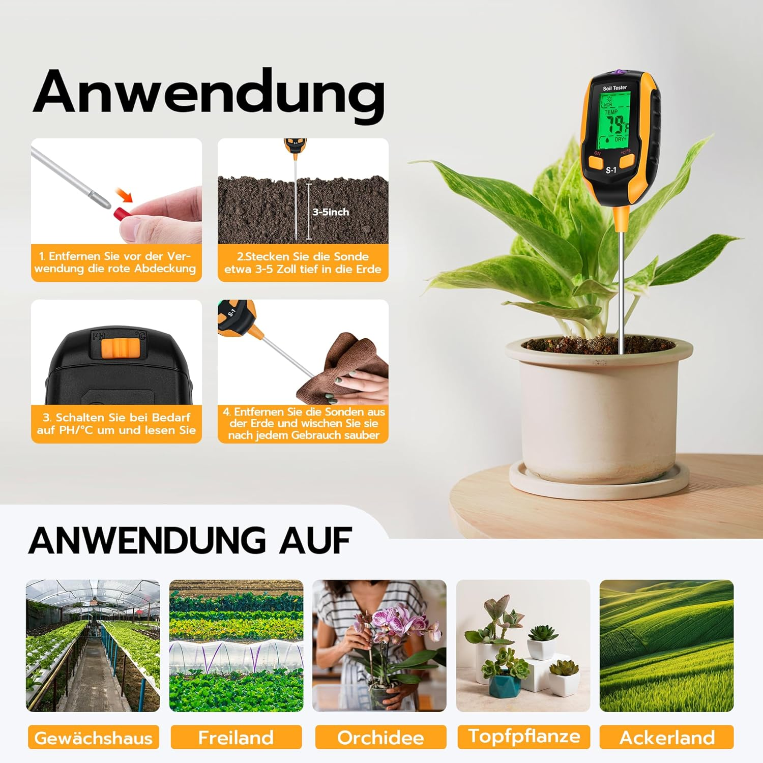 Anleitung zur Anwendung eines Bodenmessgeräts mit Anwendungsbeispielen wie Gewächshaus und Orchideen.