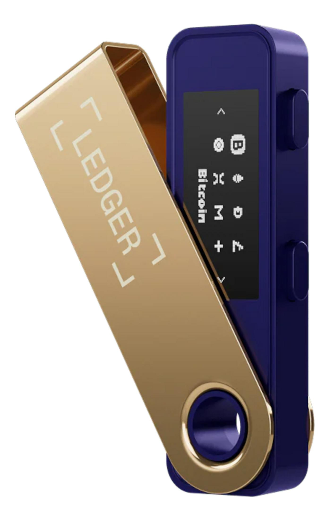 Niebieski portfel na kryptowaluty Ledger ze złotą, otwartą osłoną, pokazującą ekran.