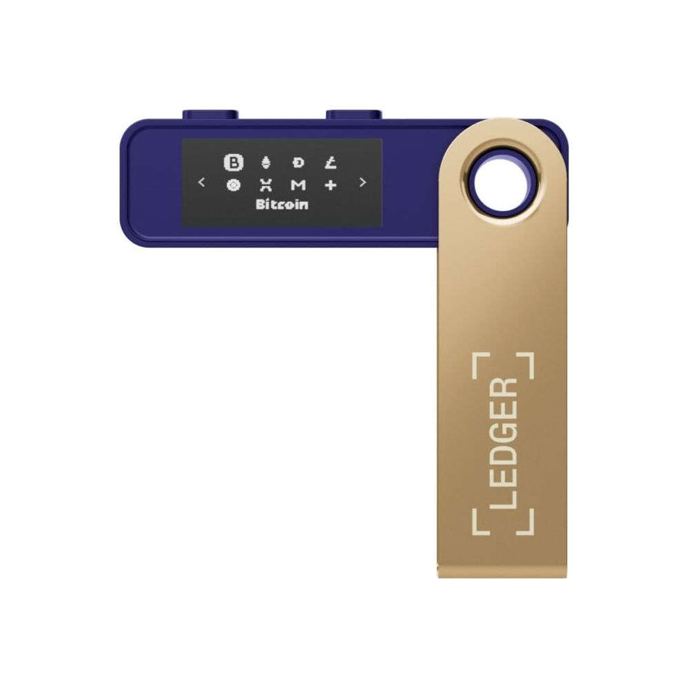 Niebieski portfel sprzętowy Ledger ze złotym przedłużeniem USB.