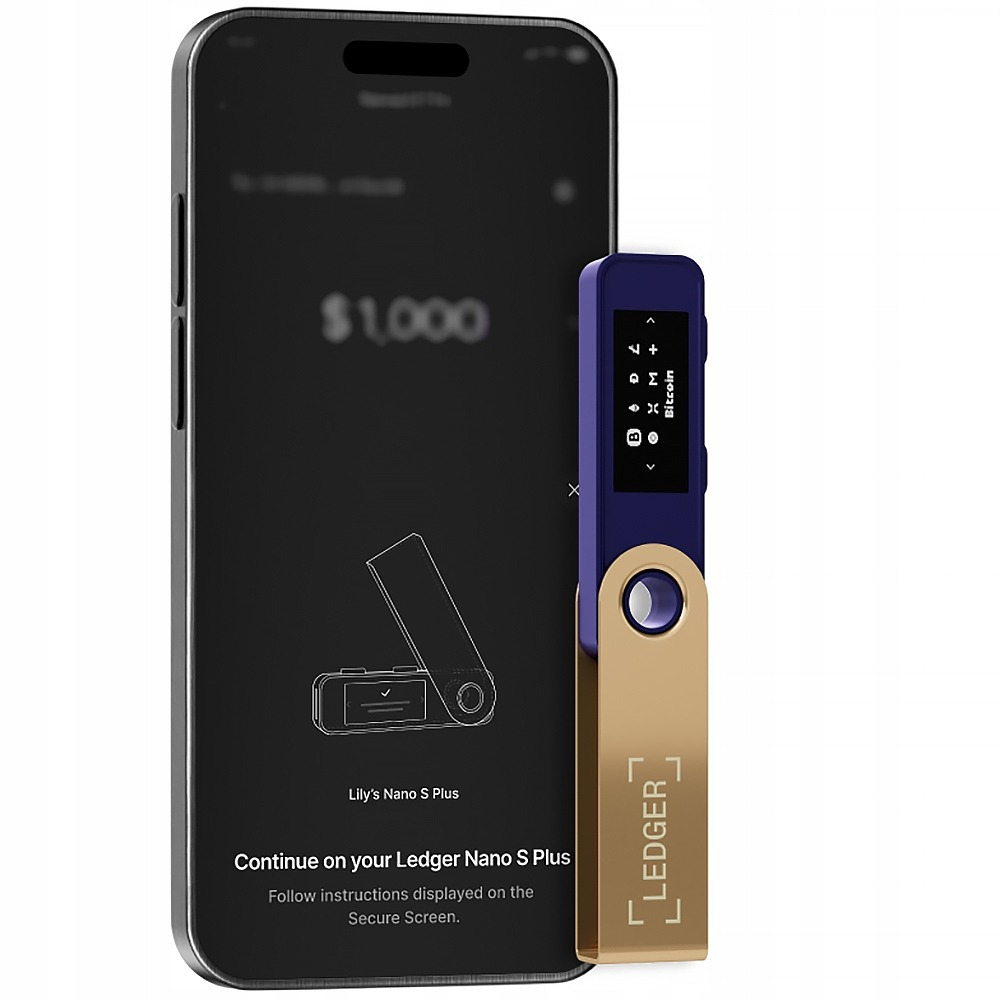 Smartfon wyświetla instrukcje dla urządzenia Ledger Nano S Plus znajdującego się obok.