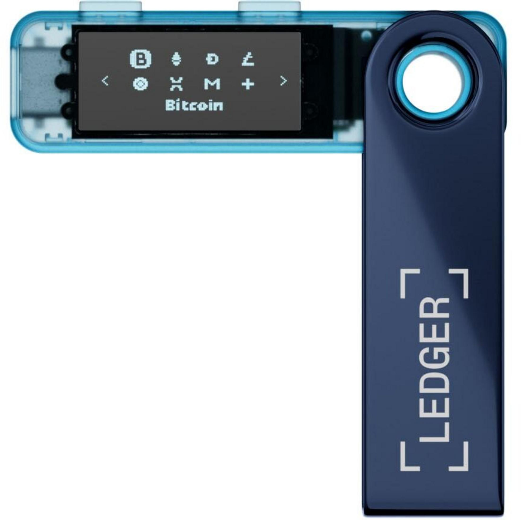 Jasnoniebieski i ciemnoniebieski portfel kryptowalutowy z logo Ledger.