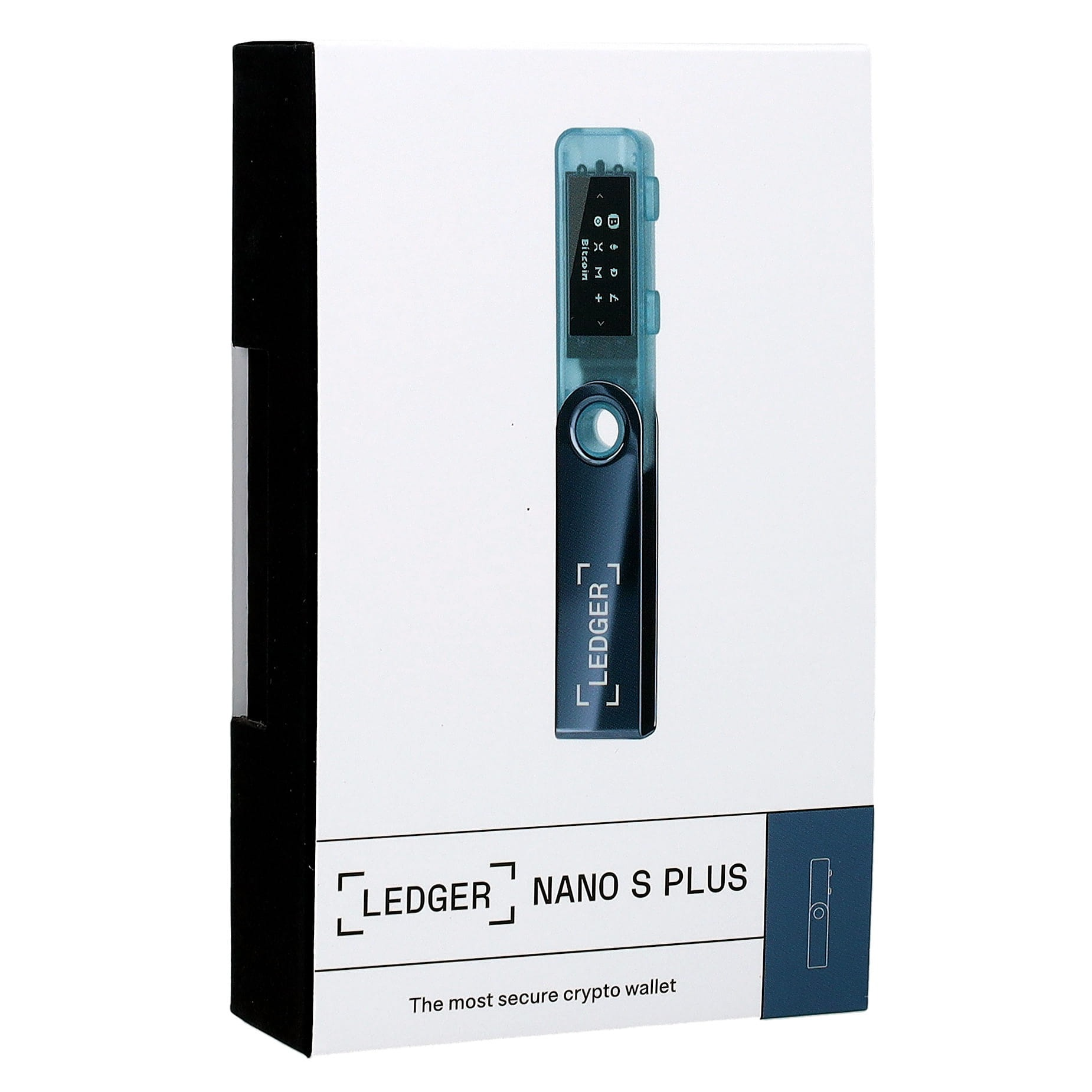Portfel na kryptowaluty Ledger Nano S Plus w pudełku. Portfel jest niebieski z ekranem.