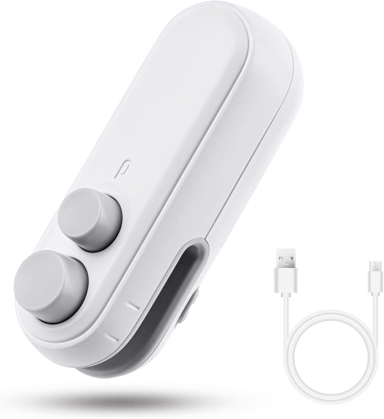 Weißer tragbarer Beutelversiegler mit zwei grauen Knöpfen und USB-Ladekabel.