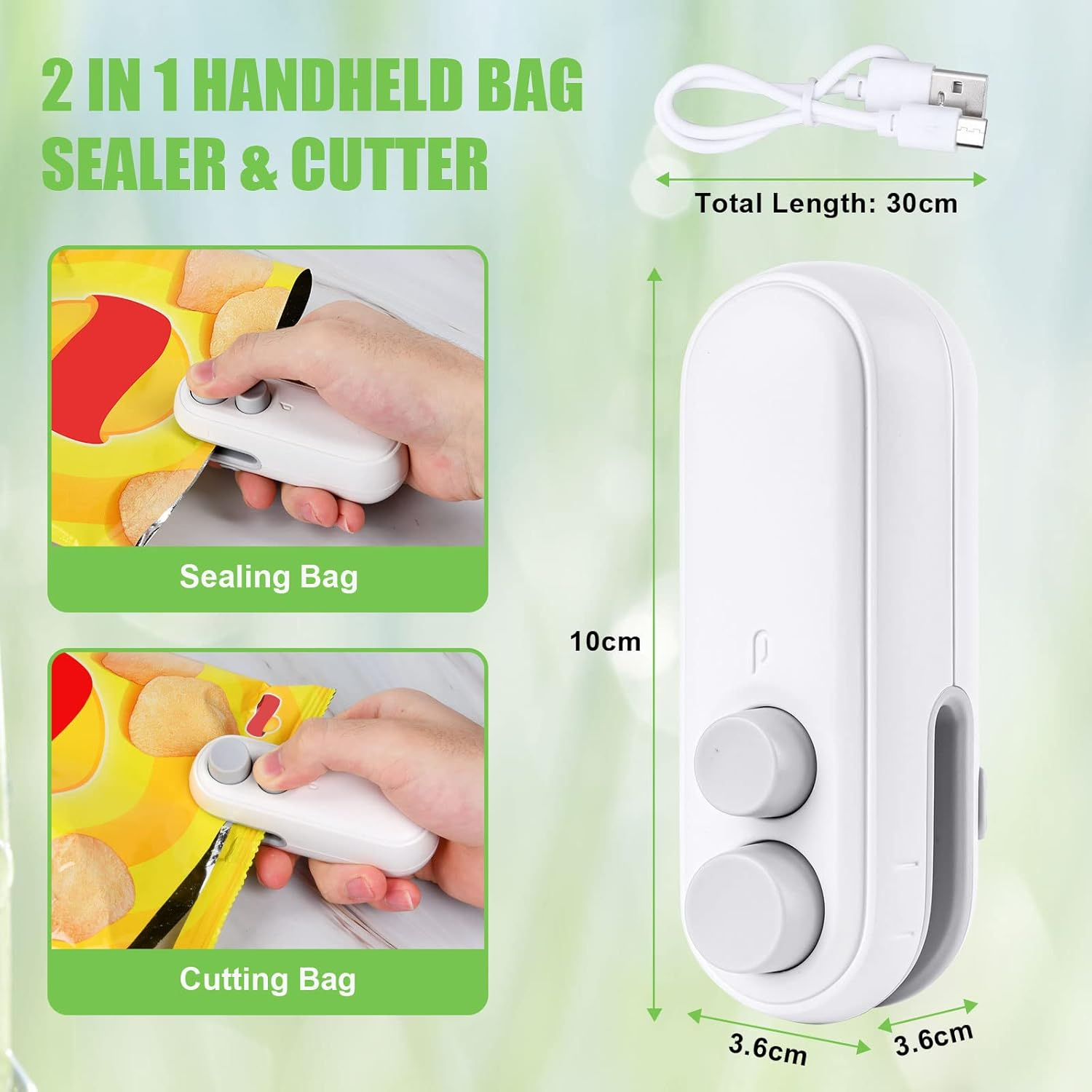Ein weißer Handheld-Beutelversiegler und -schneider mit zwei Knöpfen und Maßen.
