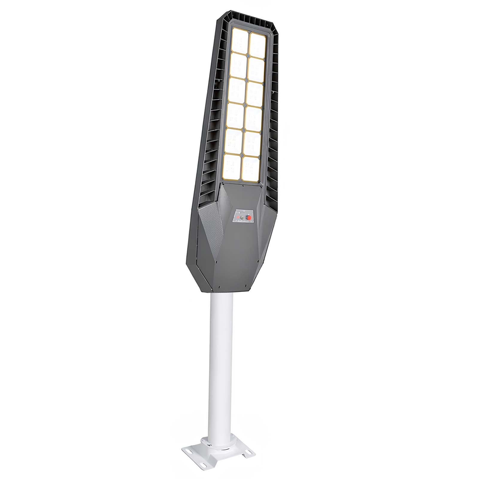 Grauer LED-Außenstrahler mit weißem Mast und Montageplatte.