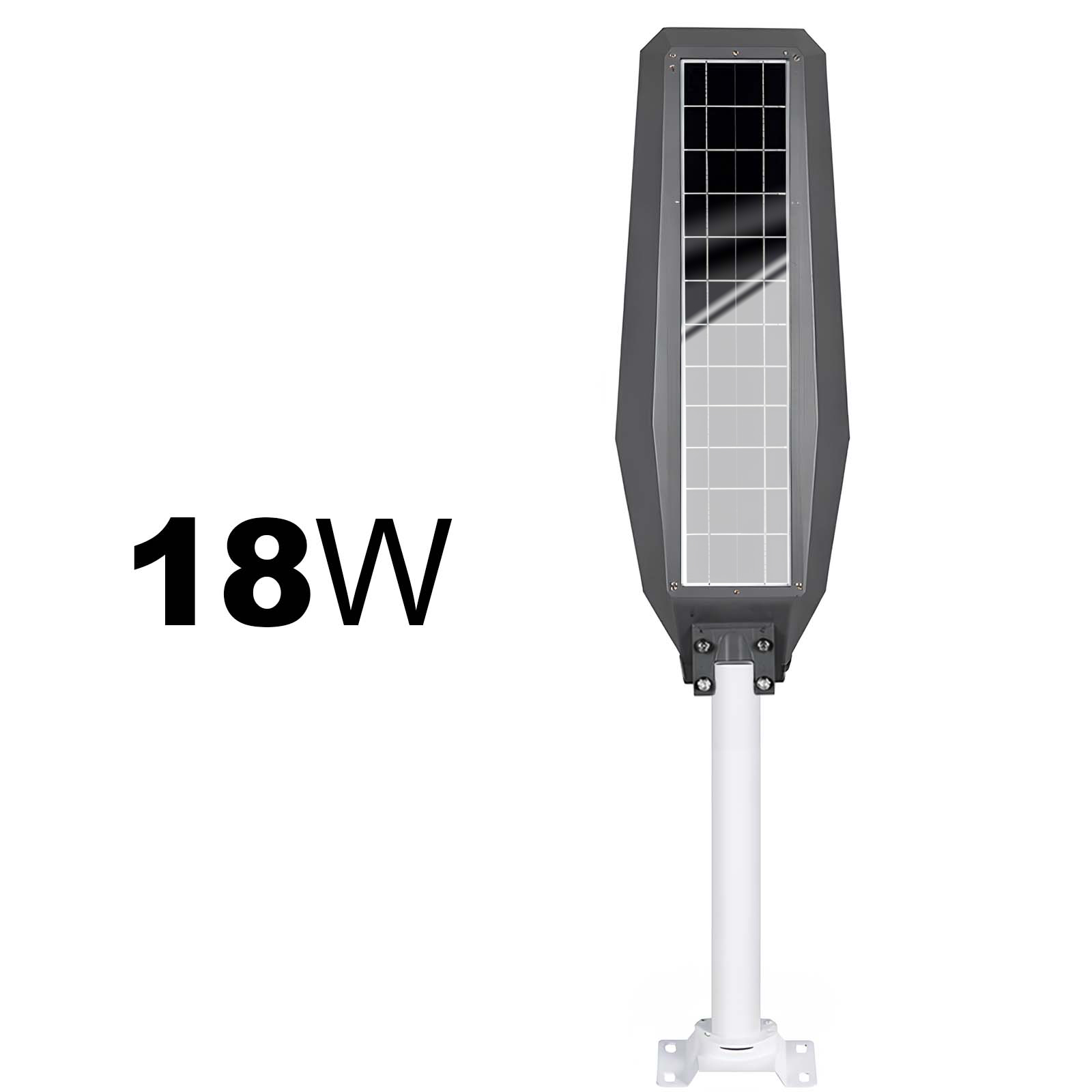Graue Solarleuchte mit 18W Aufschrift auf weißem Hintergrund.