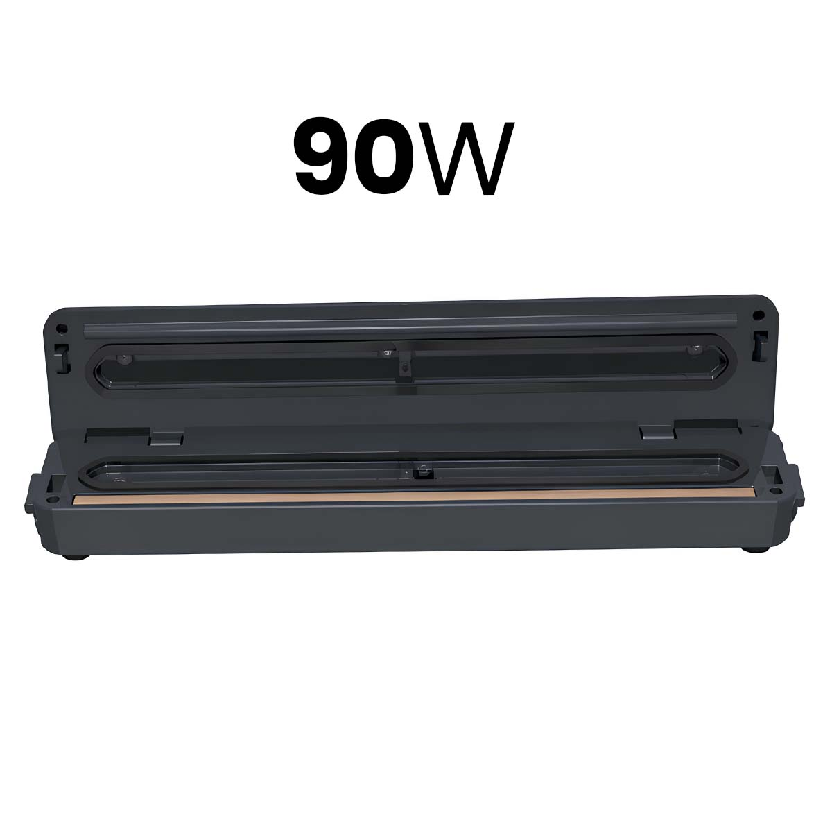 Ein grauer Vakuumierer mit geöffnetem Deckel und der Aufschrift "90W".