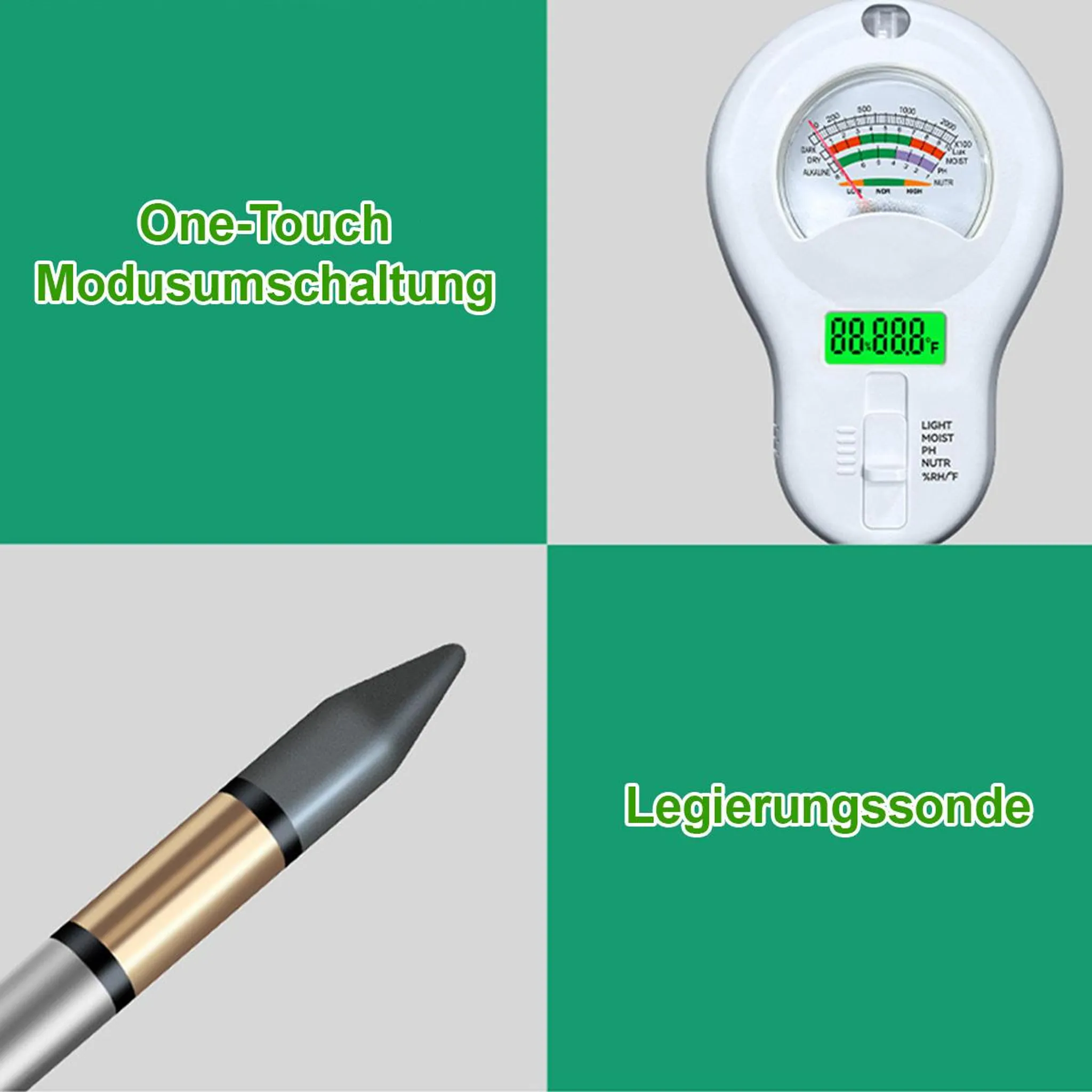 Ein weißes Messgerät mit einem Bildschirm und einer Sonde daneben.