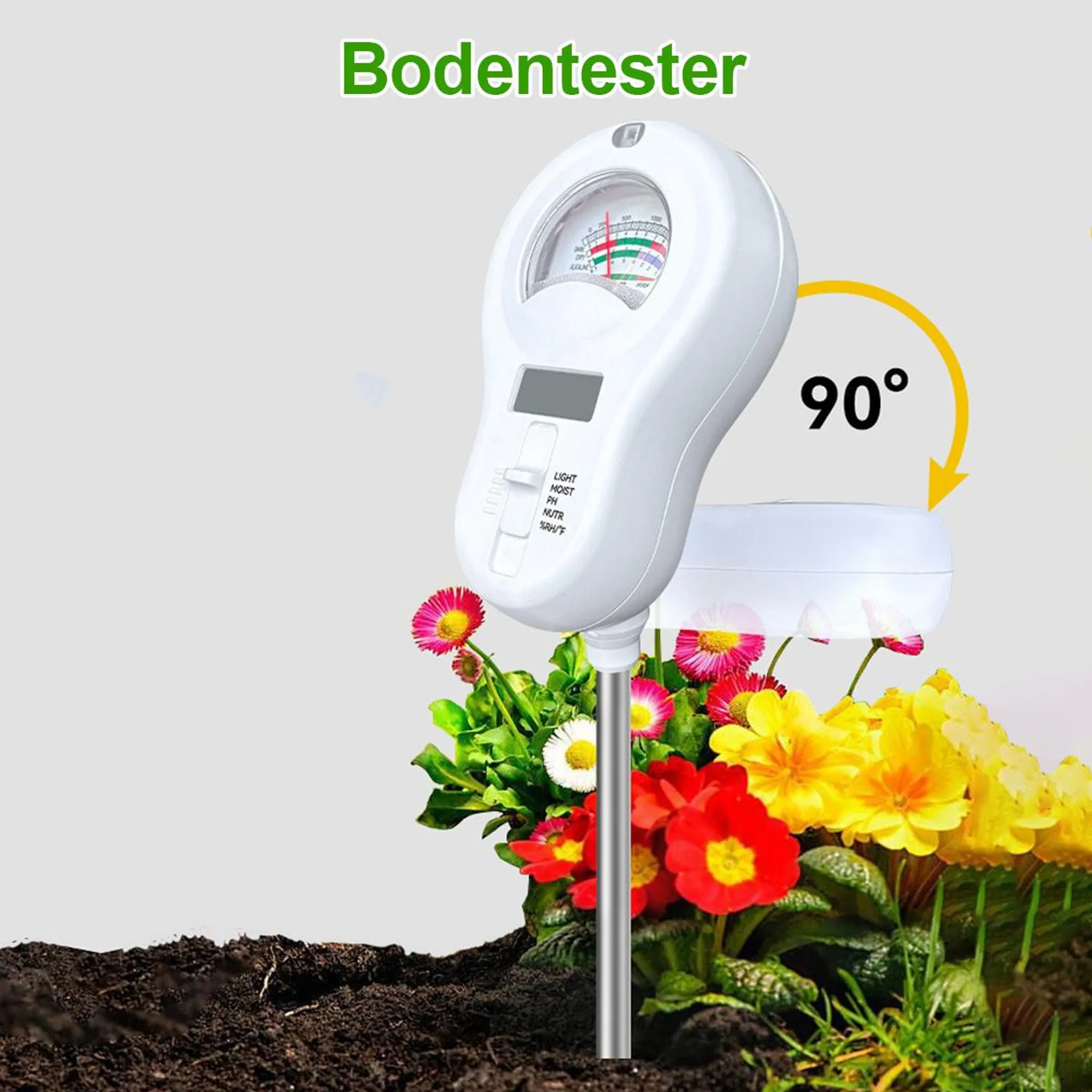Ein weißer Bodentester mit Anzeige neben bunten Blumen und Erde.