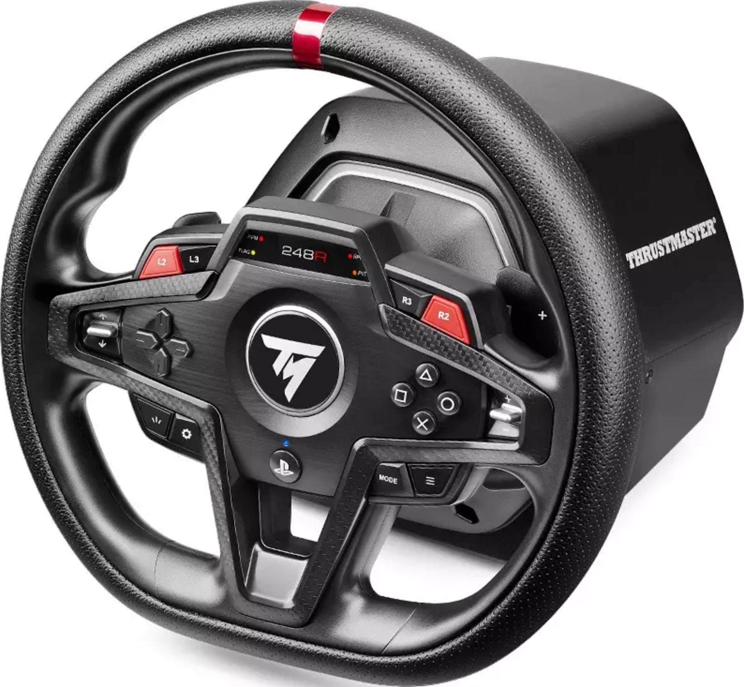 Zwart gaming stuurwiel met rode en witte accenten en knoppen.