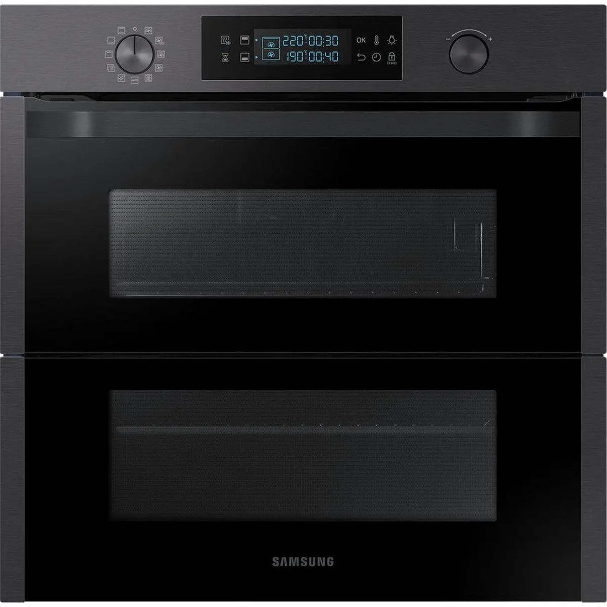 A black Samsung oven with two doors and a digital display.
