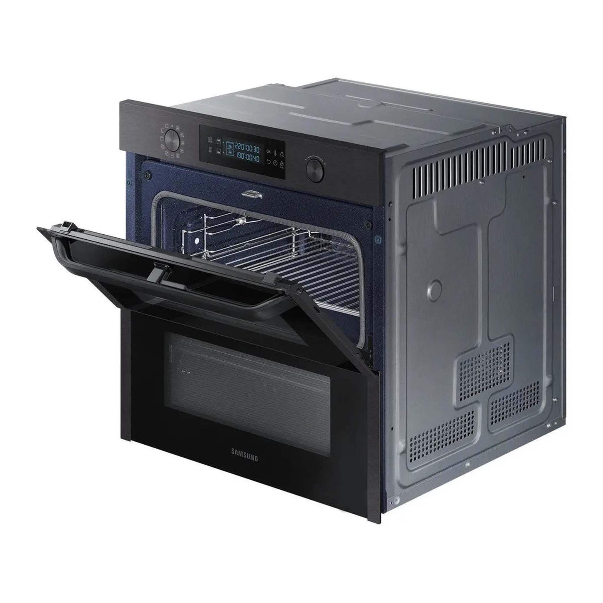 A black Samsung oven with its door open, showing metal racks and a digital display.