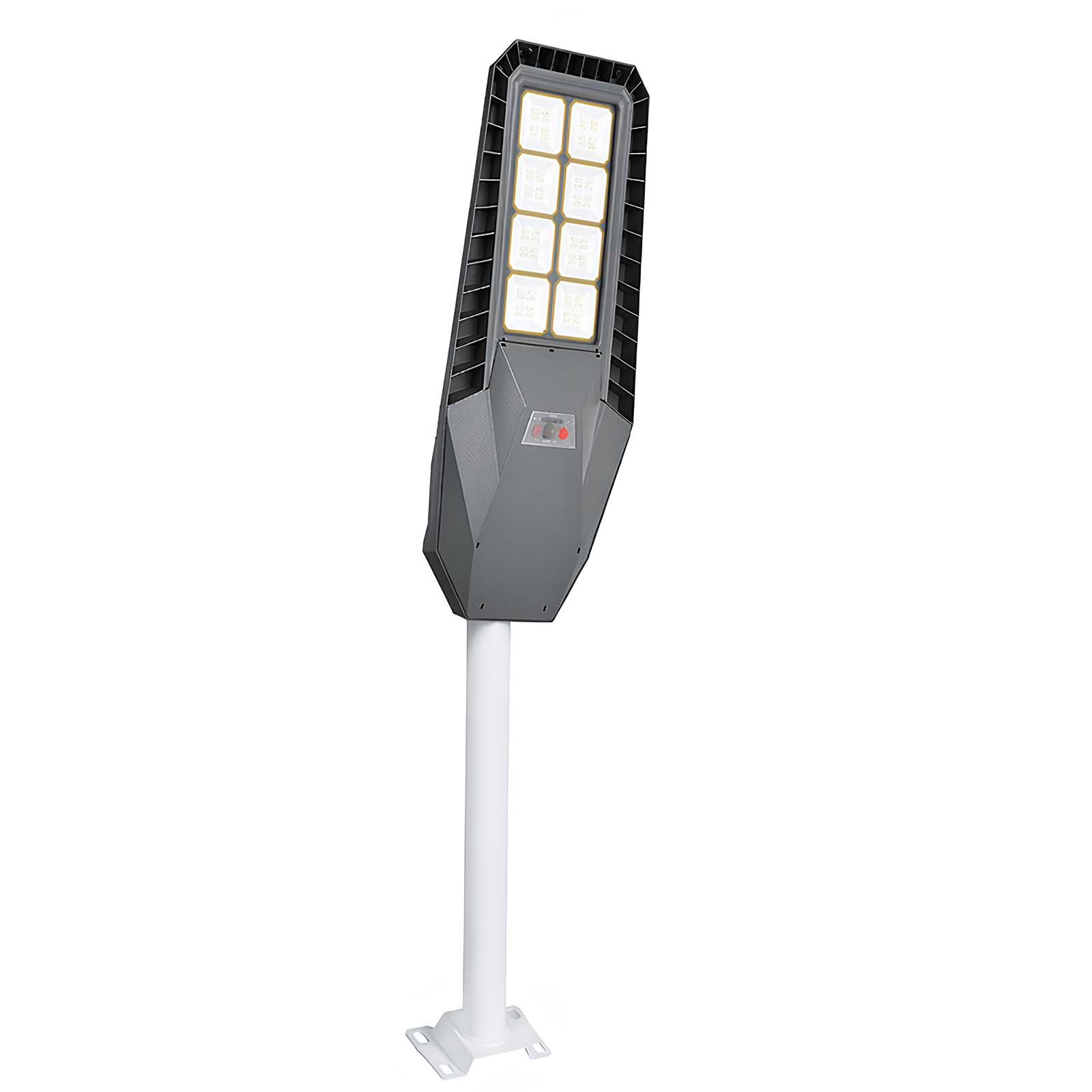 Grauer Solar-Straßenlaternenkopf mit acht Lichtern auf einem weißen Pfosten.