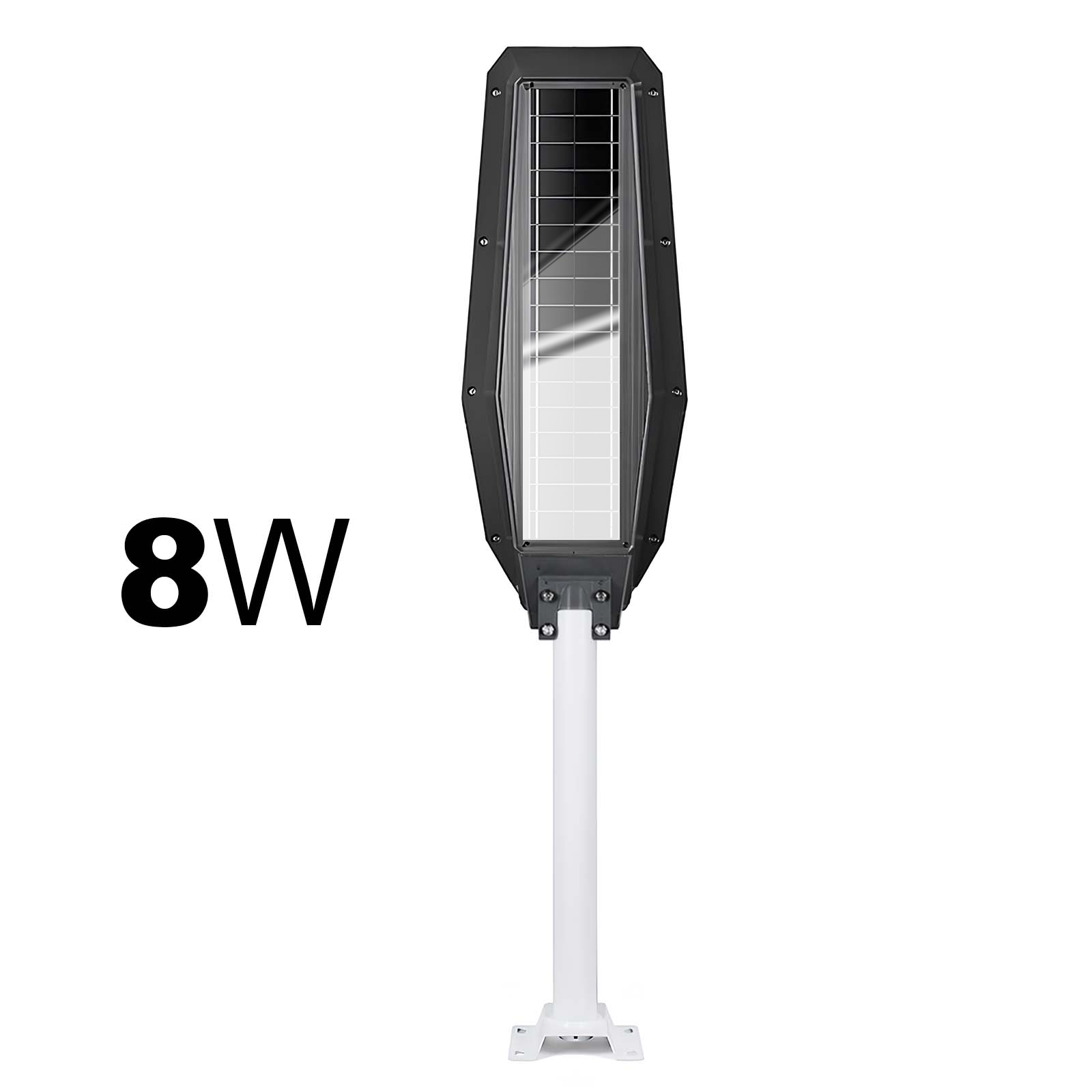Eine schwarze Solarleuchte mit 8W auf einem weißen Mast mit Sockel.