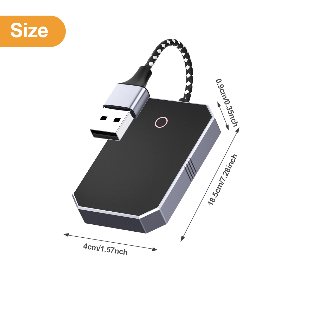 Czarne urządzenie z podłączonym kablem USB, pokazujące wymiary.
