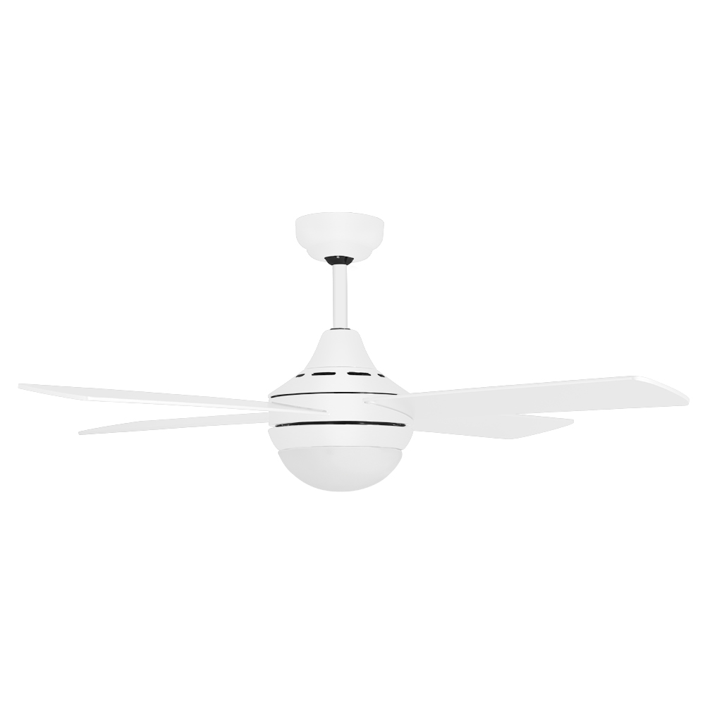 Un moderno ventilatore da soffitto bianco con tre pale e luce integrata.