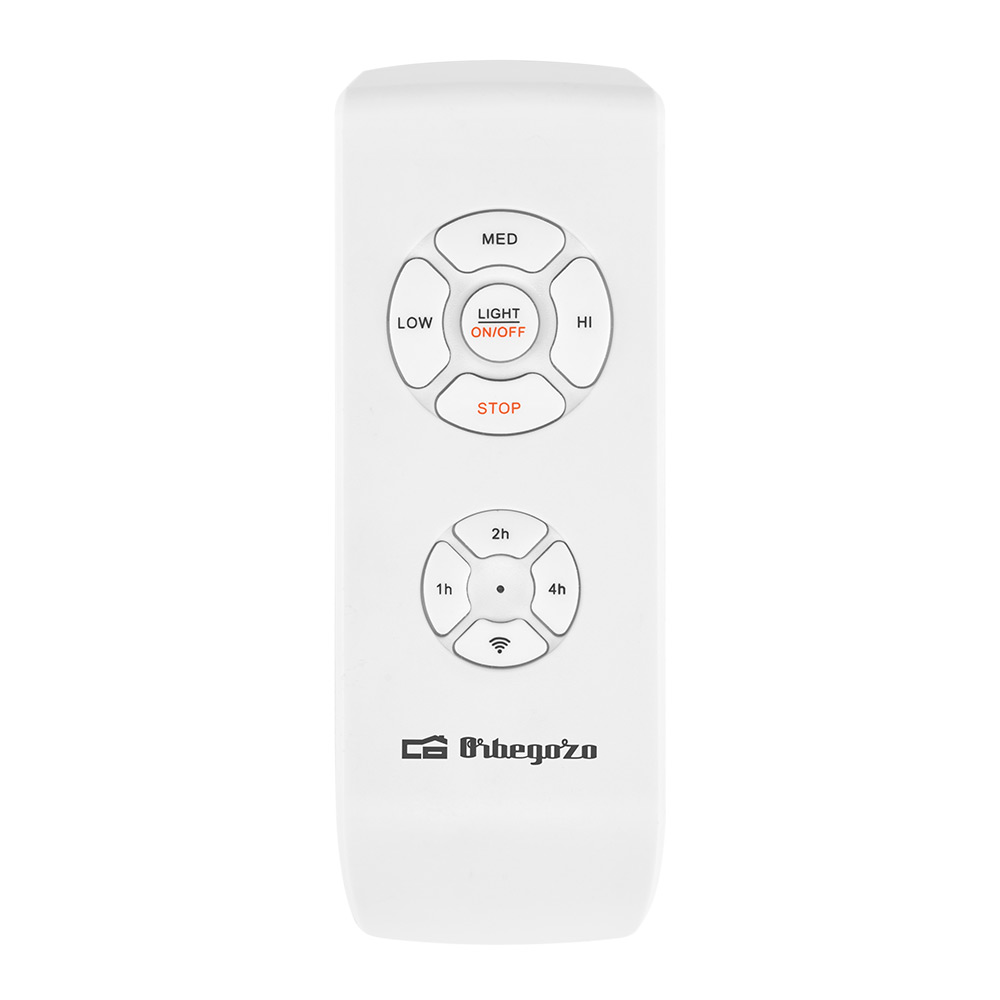 Un telecomando bianco con pulsanti per velocità ventola, luce e timer.