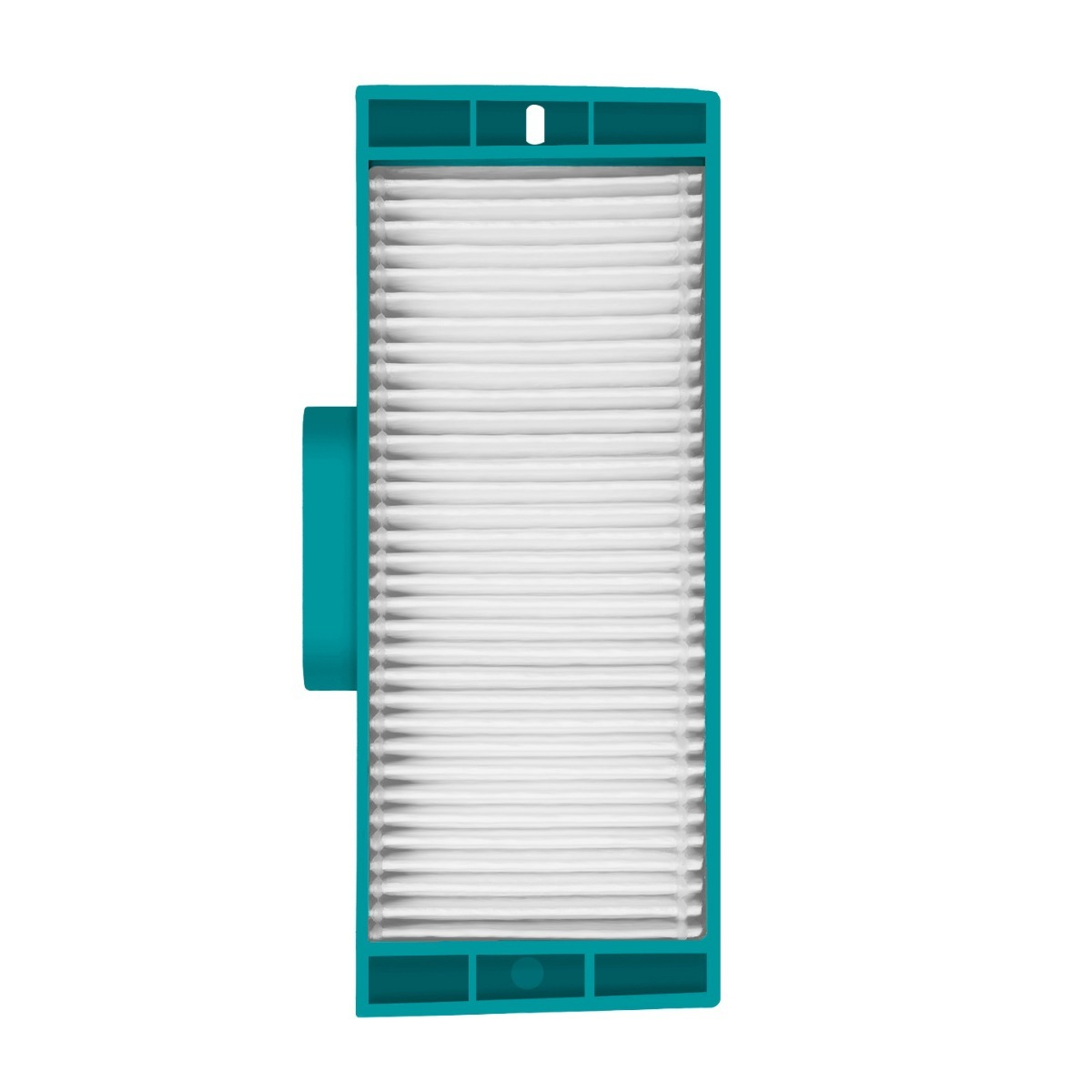 Un filtro rettangolare con telaio turchese e materiale plissettato bianco.
