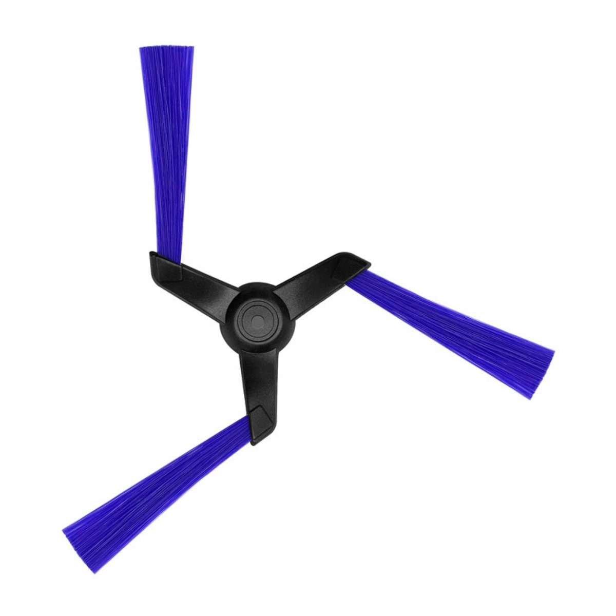 Una testina di ricambio nera con tre bracci di setole blu, su sfondo bianco.