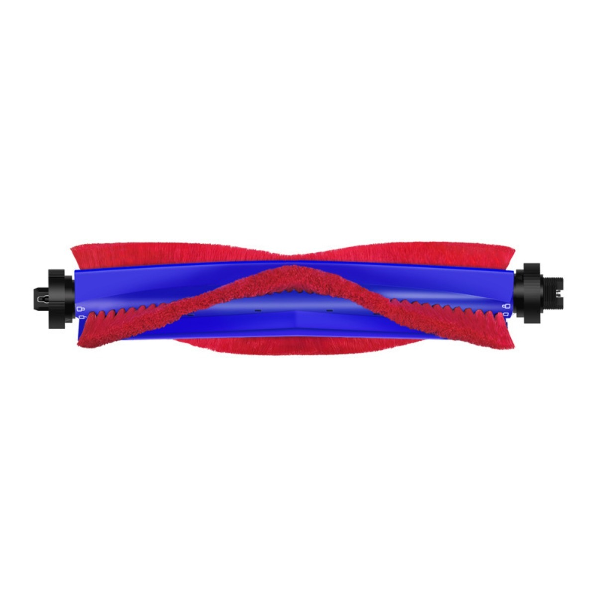 Rullo spazzola blu con setole rosse, isolato su sfondo bianco.
