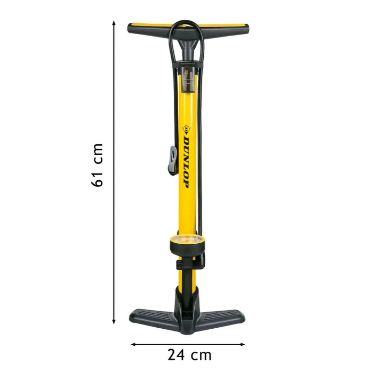 Yellow Dunlop bike pump, 61 cm tall, 24 cm wide, with gauge.