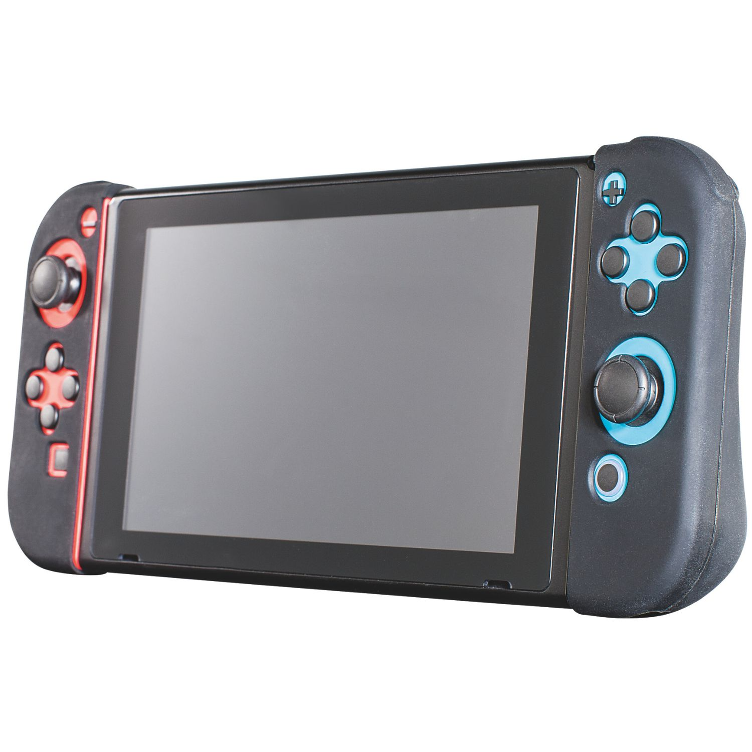 Schwarzer Handheld-Controller mit blauem und rotem Zubehör auf weißem Hintergrund.