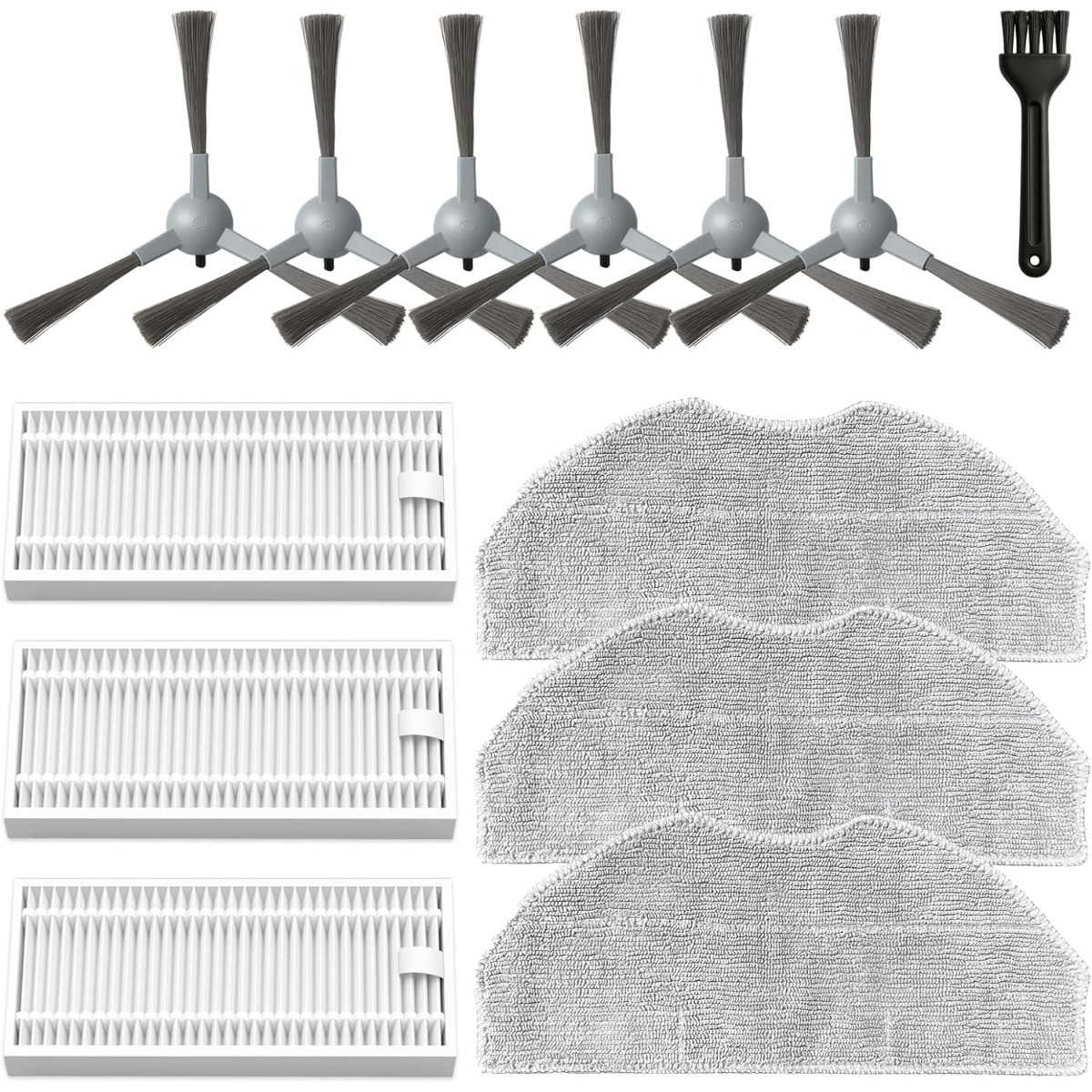 Six brosses latérales grises, trois filtres blancs et trois tampons de vadrouille, plus une brosse noire.