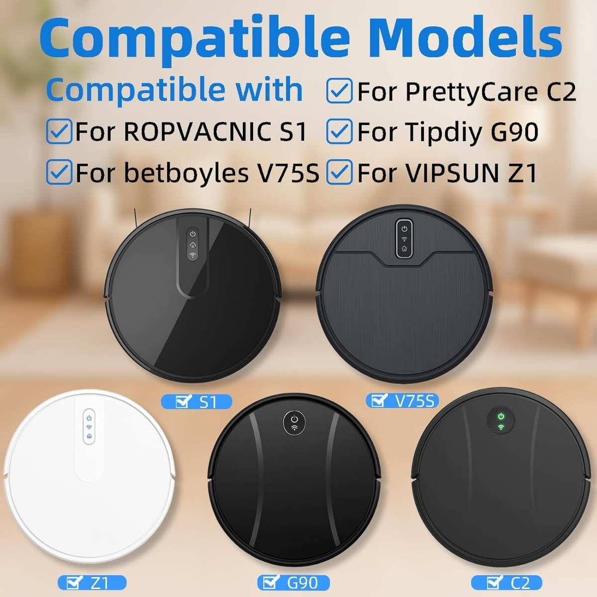 Cinq aspirateurs robots ronds : deux noirs, un gris, un blanc, un noir.