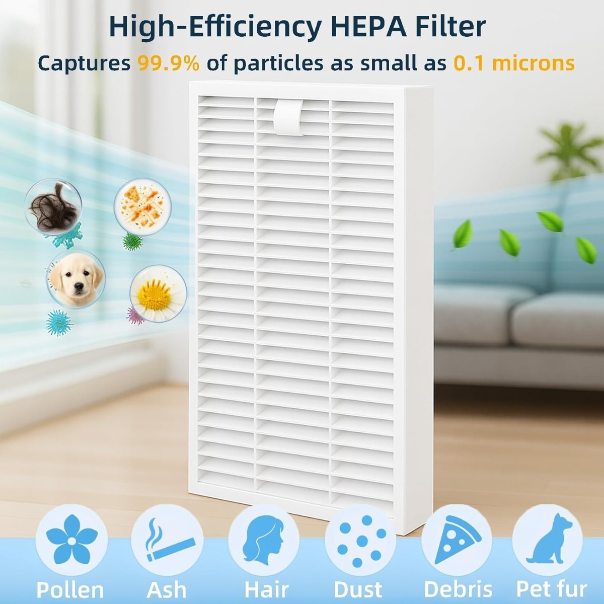 Un filtre HEPA blanc avec des icônes pour le pollen, les cendres, les poils, la poussière, les débris et le poil d'animal.
