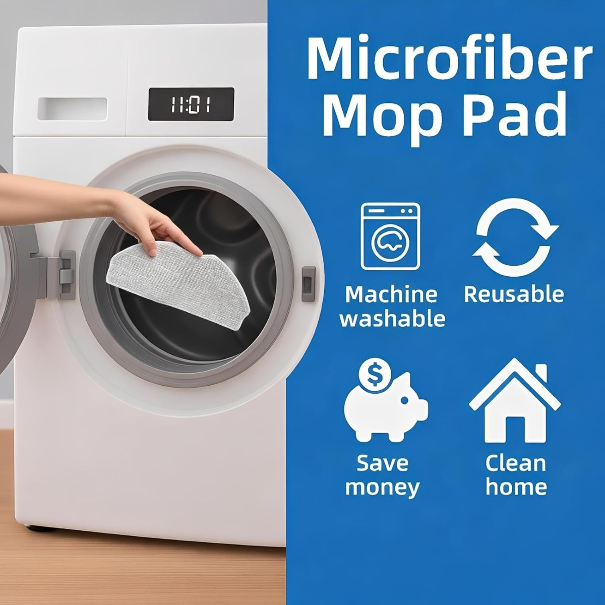Tampon de serpillère microfibre gris dans machine à laver. Icônes : lavable, réutilisable, économie, maison propre.