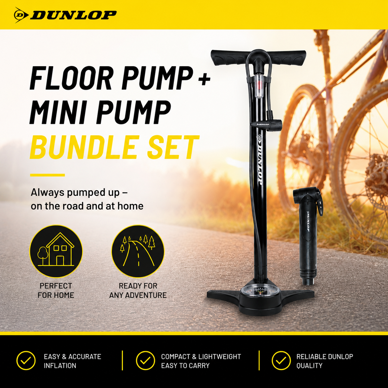 Dunlop floor and mini pump set with a bicycle in the background.