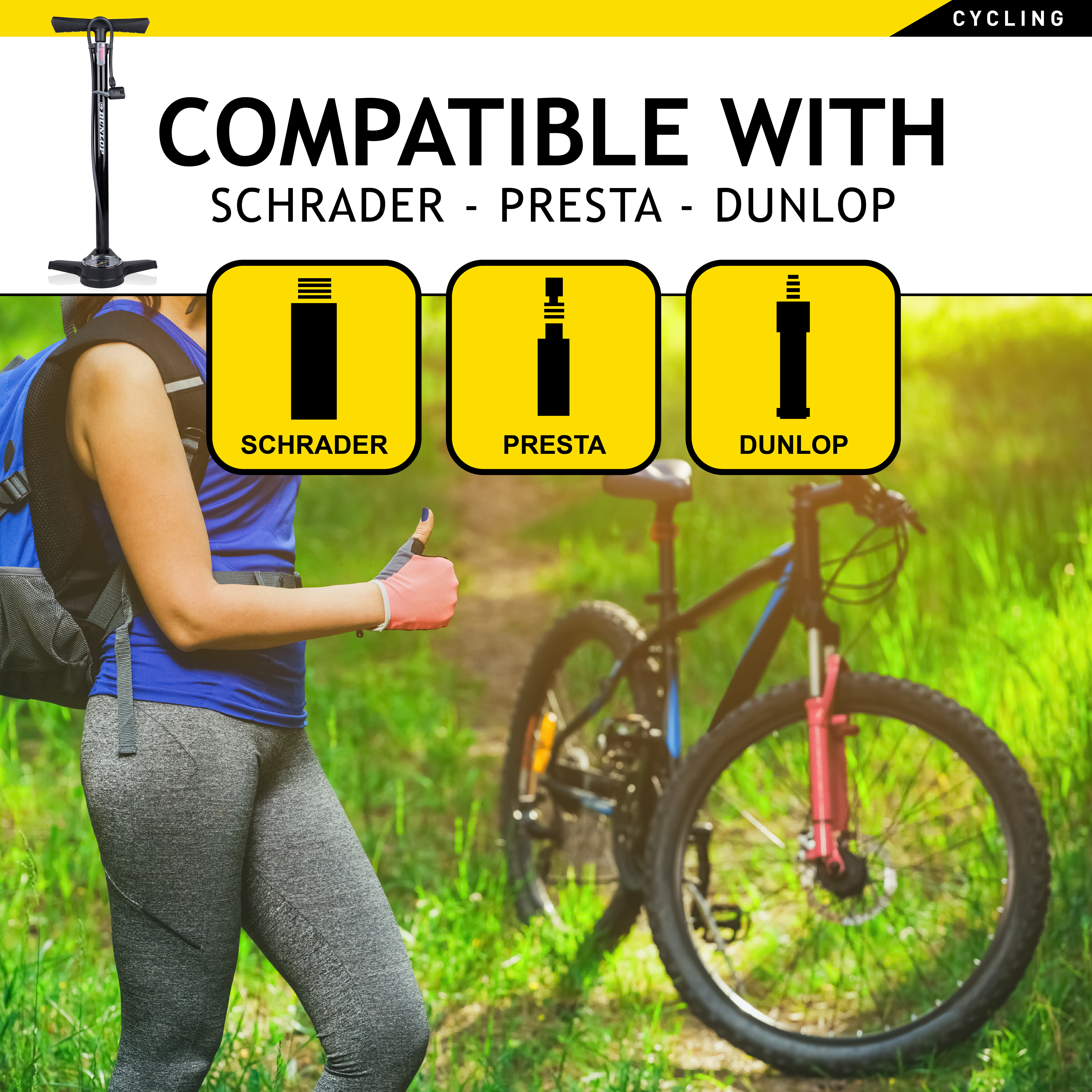 Bike pump compatible with Schrader, Presta, Dunlop valves outdoors.