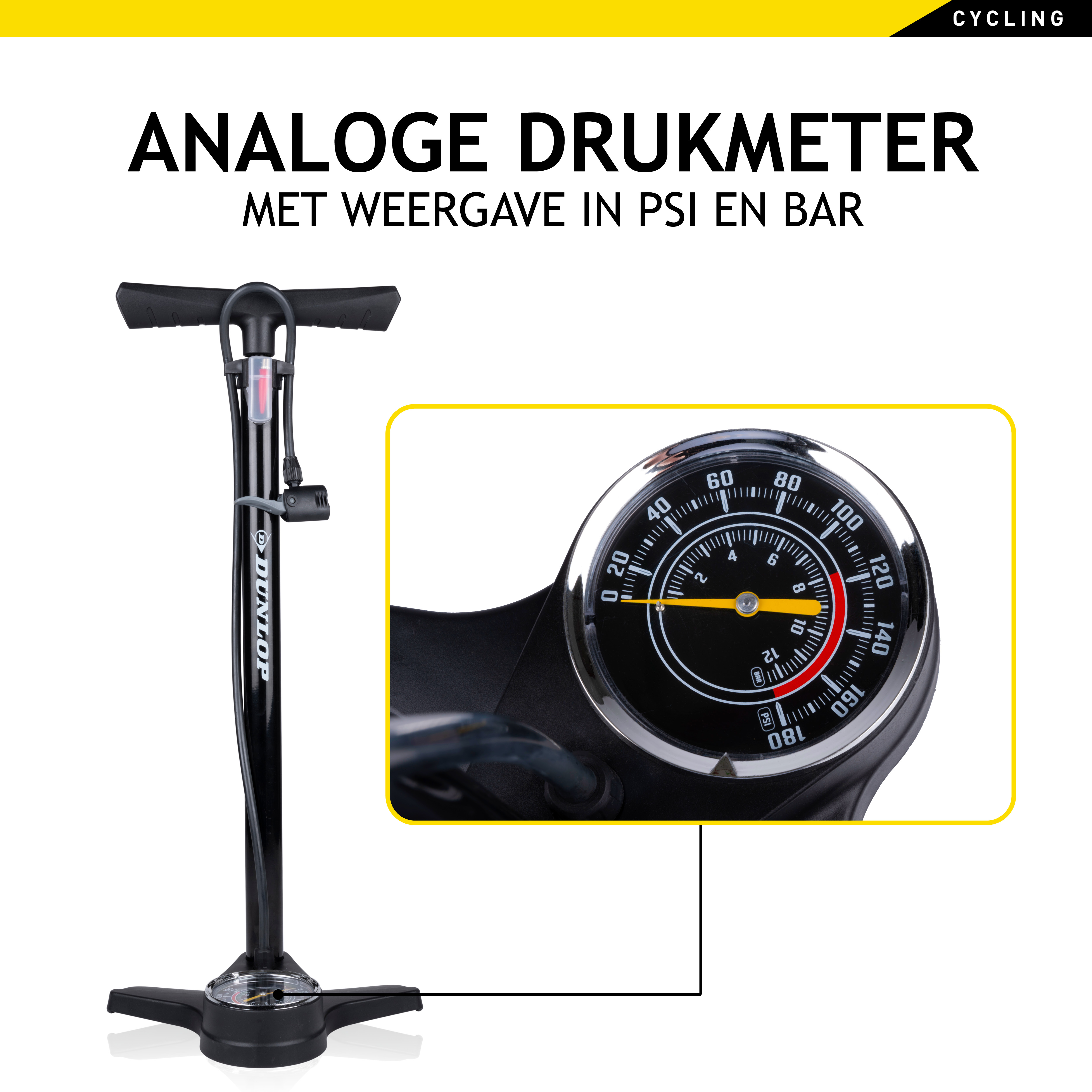 Black bicycle pump with analog gauge displaying PSI and Bar.