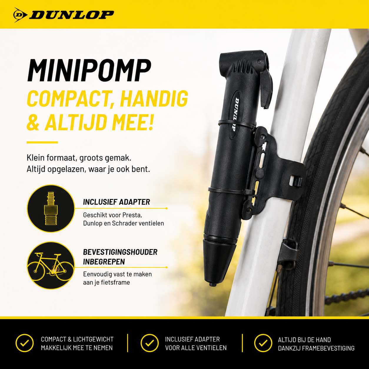 Black bicycle mini pump with mount on bike frame, Dunlop logo.