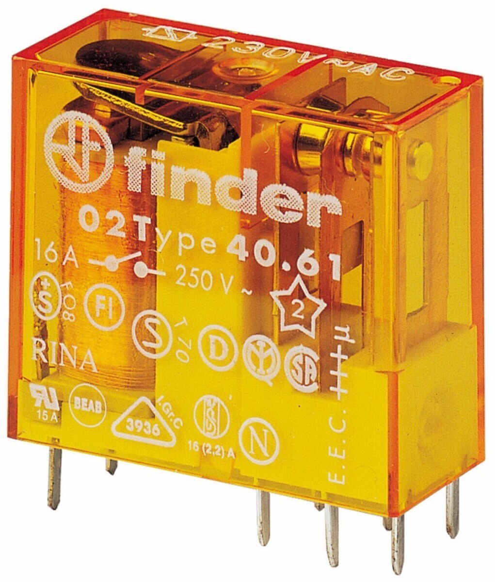 Relè Finder giallo, modello 40.61, 16A, 250V~, con varie certificazioni.