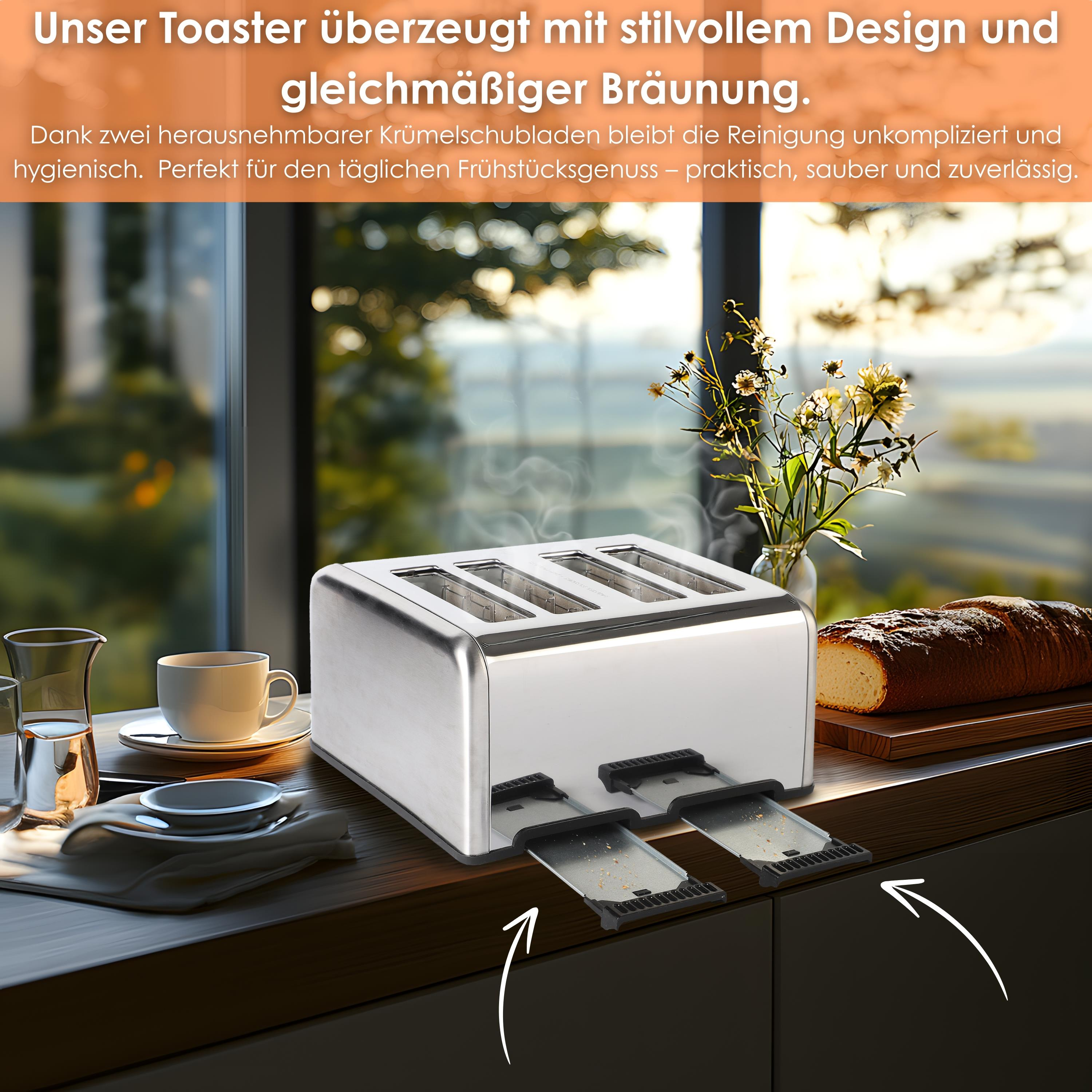 Ein silberner Toaster mit vier Schlitzen steht auf einer Holzoberfläche mit einer Tasse und Brot.