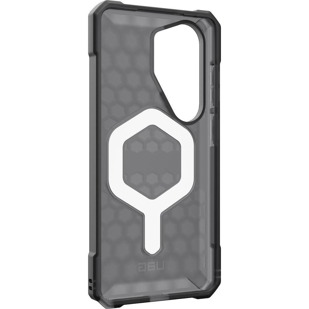 Graue Handyhülle mit sechseckigem Muster und weißem Kreis-Logo.