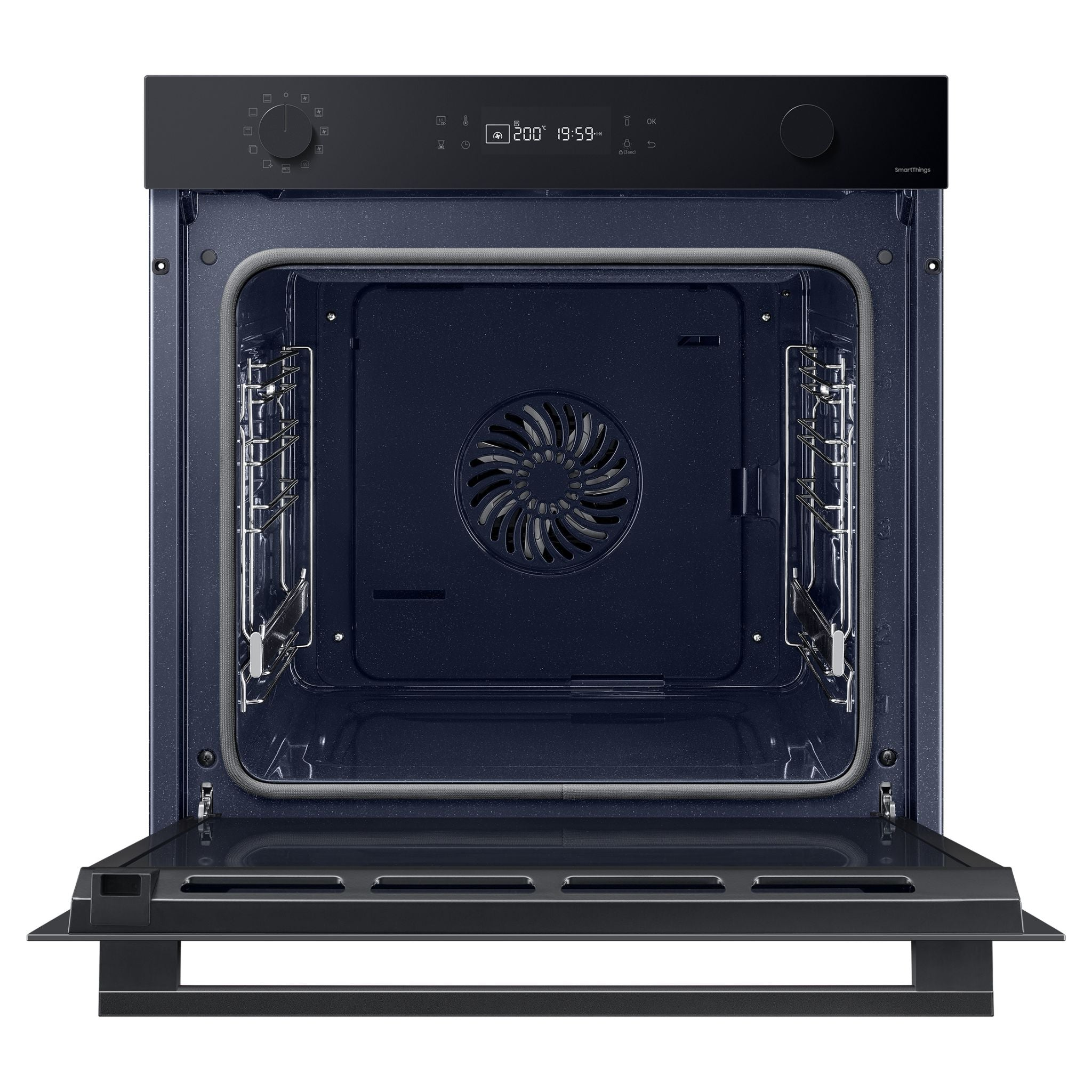 A black built-in oven with its door open and digital display.