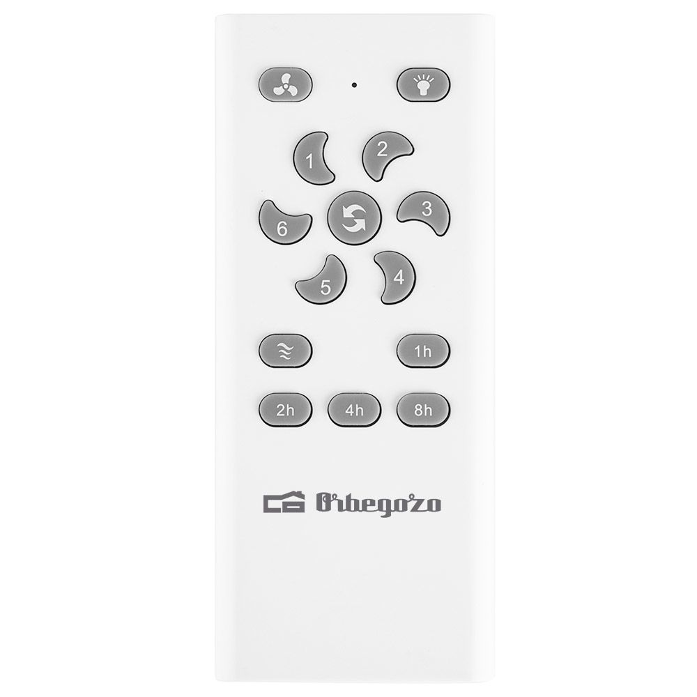 Mando a distancia blanco con botones de velocidad del ventilador 1-6, temporizador e icono de luz.